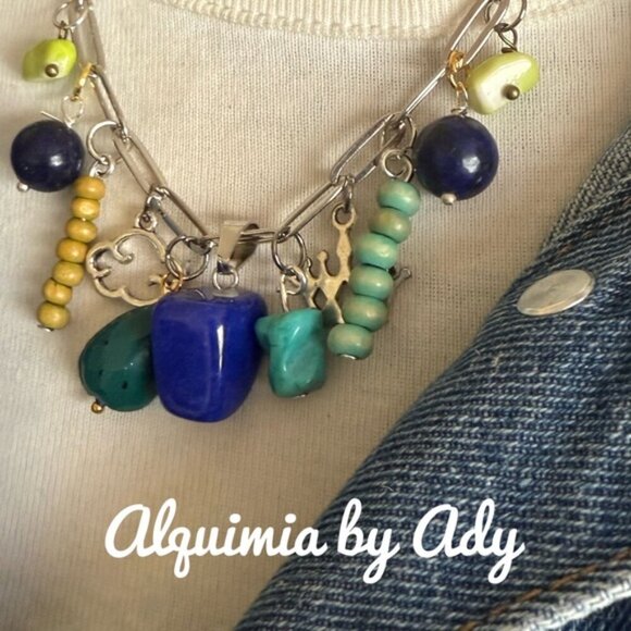 Lapis lazuli multi charms necklace statement - Picture 2 of 4